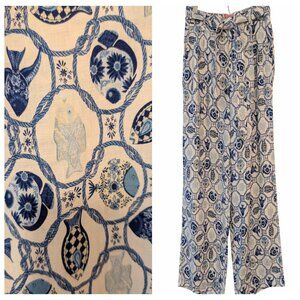 Issac Mizrahi Womens Sz M Blue Fish 100% Linen Wide Straight Belt Beachy Pants